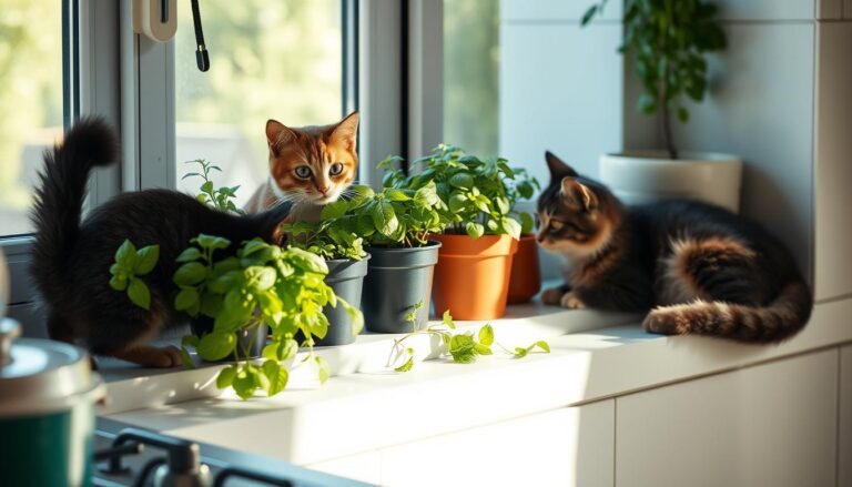 indoor herb garden and cats